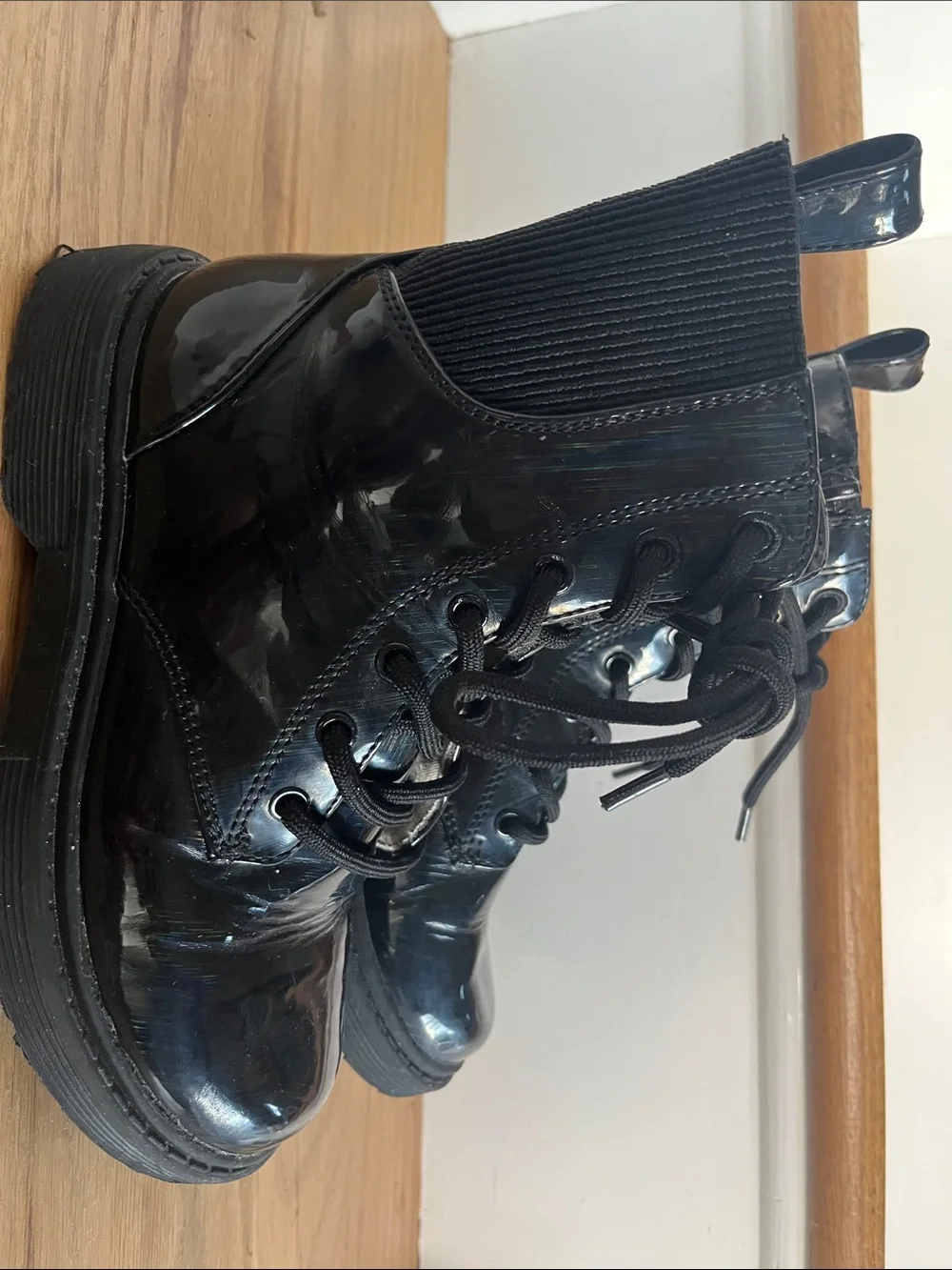 art class Black Patent Lace-Up Kids Rain & Snow Boots